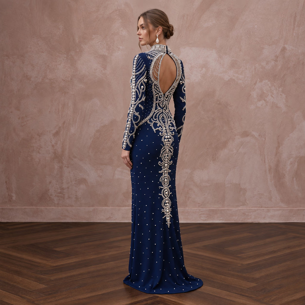Navy Blue Pearl Embellished High Neck Column Evening Gown