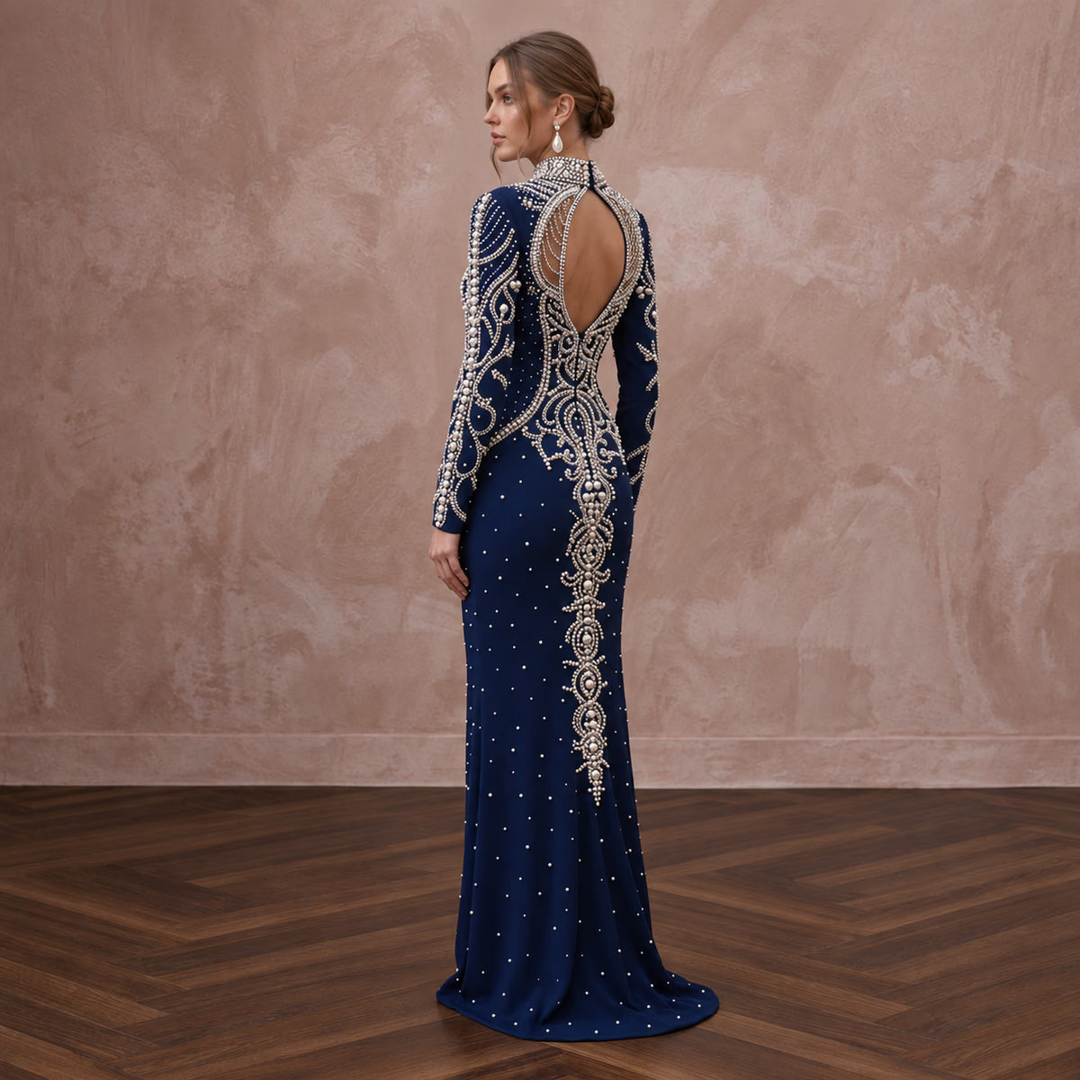 Navy Blue Pearl Embellished High Neck Column Evening Gown