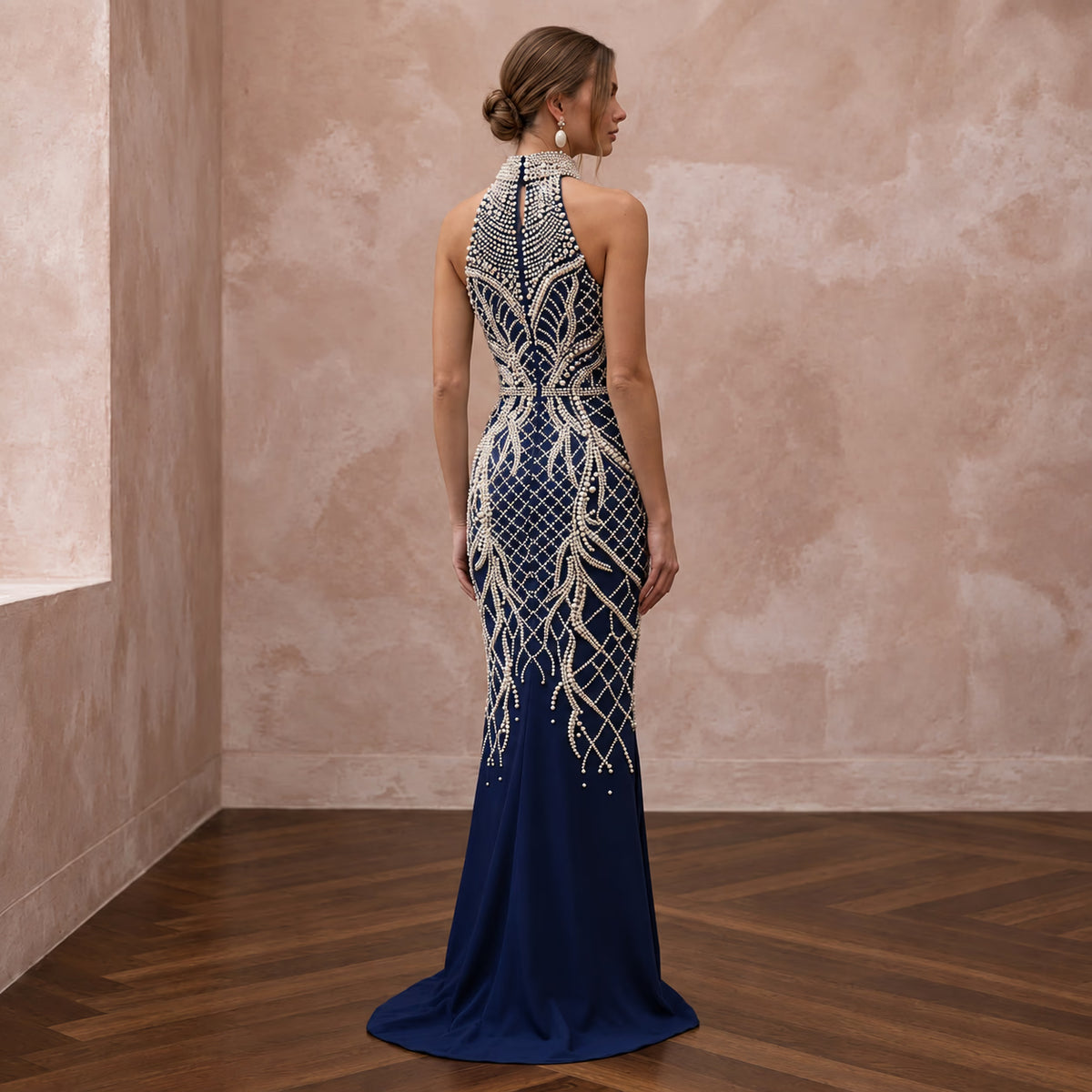 Navy Blue Pearl Embellished High Neck Column Evening Gown - Apparel & Accessories > Clothing > Wedding & Bridal Party Dresses > Wedding Dresses - Mignonette Bridal