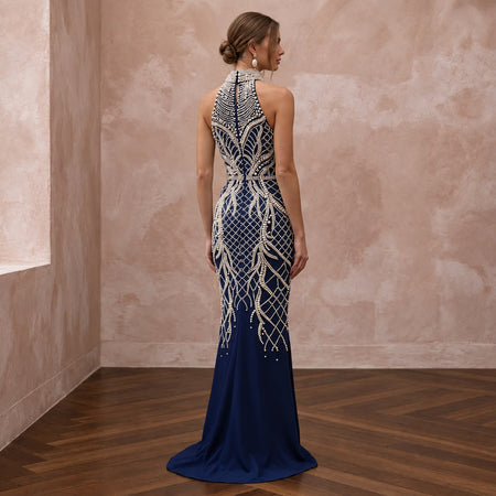 Navy Blue Pearl Embellished High Neck Column Evening Gown - Apparel & Accessories > Clothing > Wedding & Bridal Party Dresses > Wedding Dresses - Mignonette Bridal