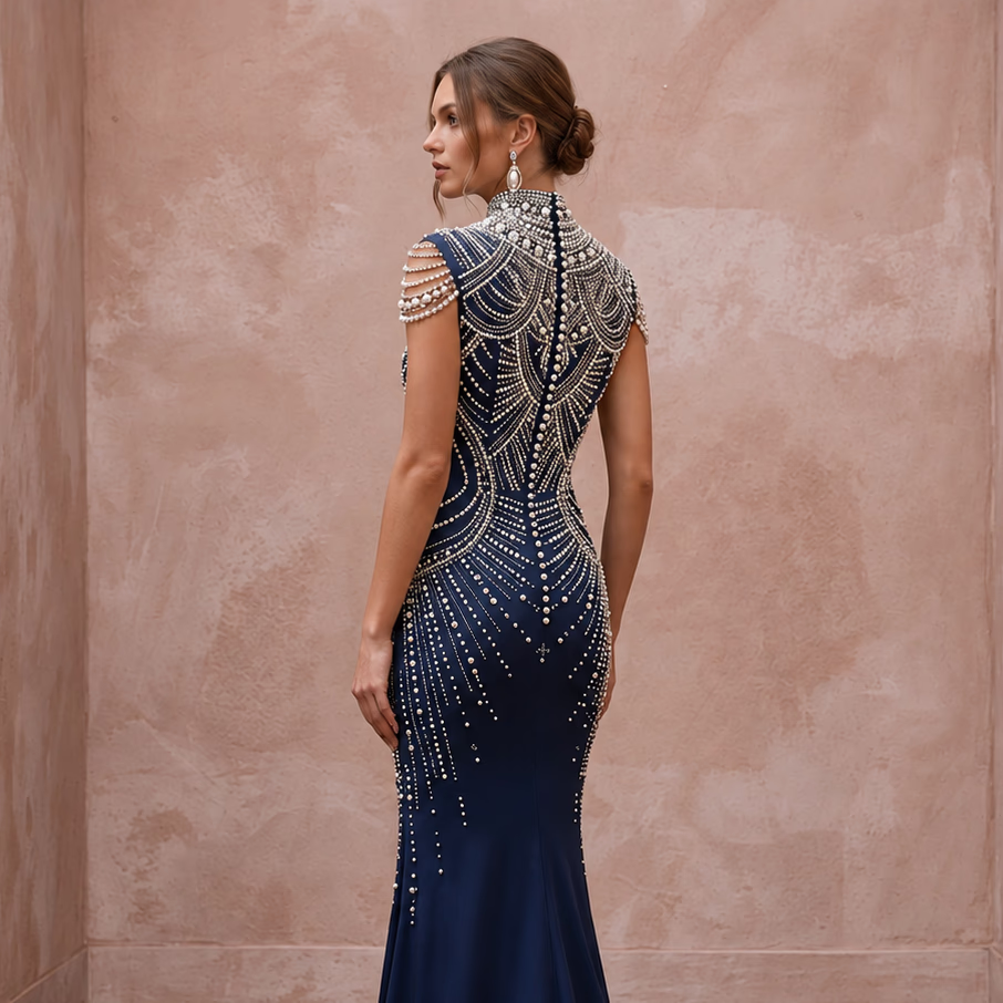 Navy Blue Pearl Embellished High Neck Column Evening Gown