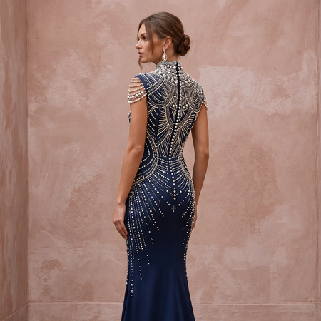 Navy Blue Pearl Embellished High Neck Column Evening Gown