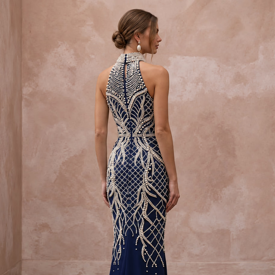Navy Blue Pearl Embellished High Neck Column Evening Gown - Apparel & Accessories > Clothing > Wedding & Bridal Party Dresses > Wedding Dresses - Mignonette Bridal