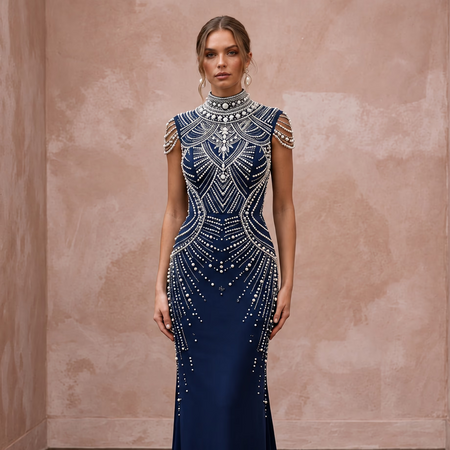 Navy Blue Pearl Embellished High Neck Column Evening Gown