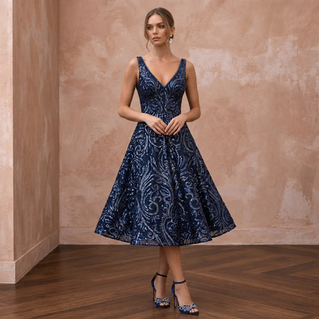 Navy Blue Sequined V-Neck Fit-and-Flare Cocktail Dress