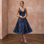 Navy Blue Sequined V-Neck Fit-and-Flare Cocktail Dress