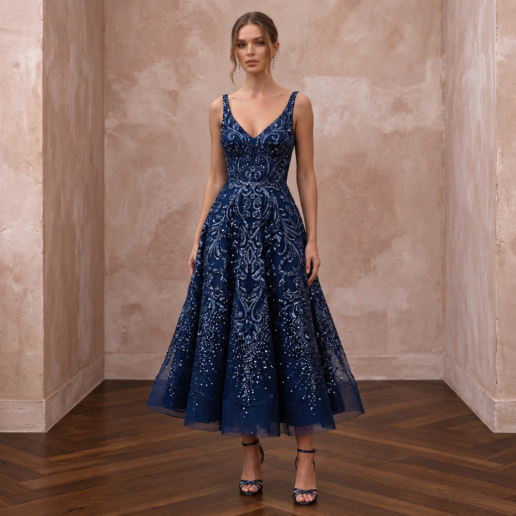 Navy Blue Sequined V-Neck Fit-and-Flare Cocktail Dress