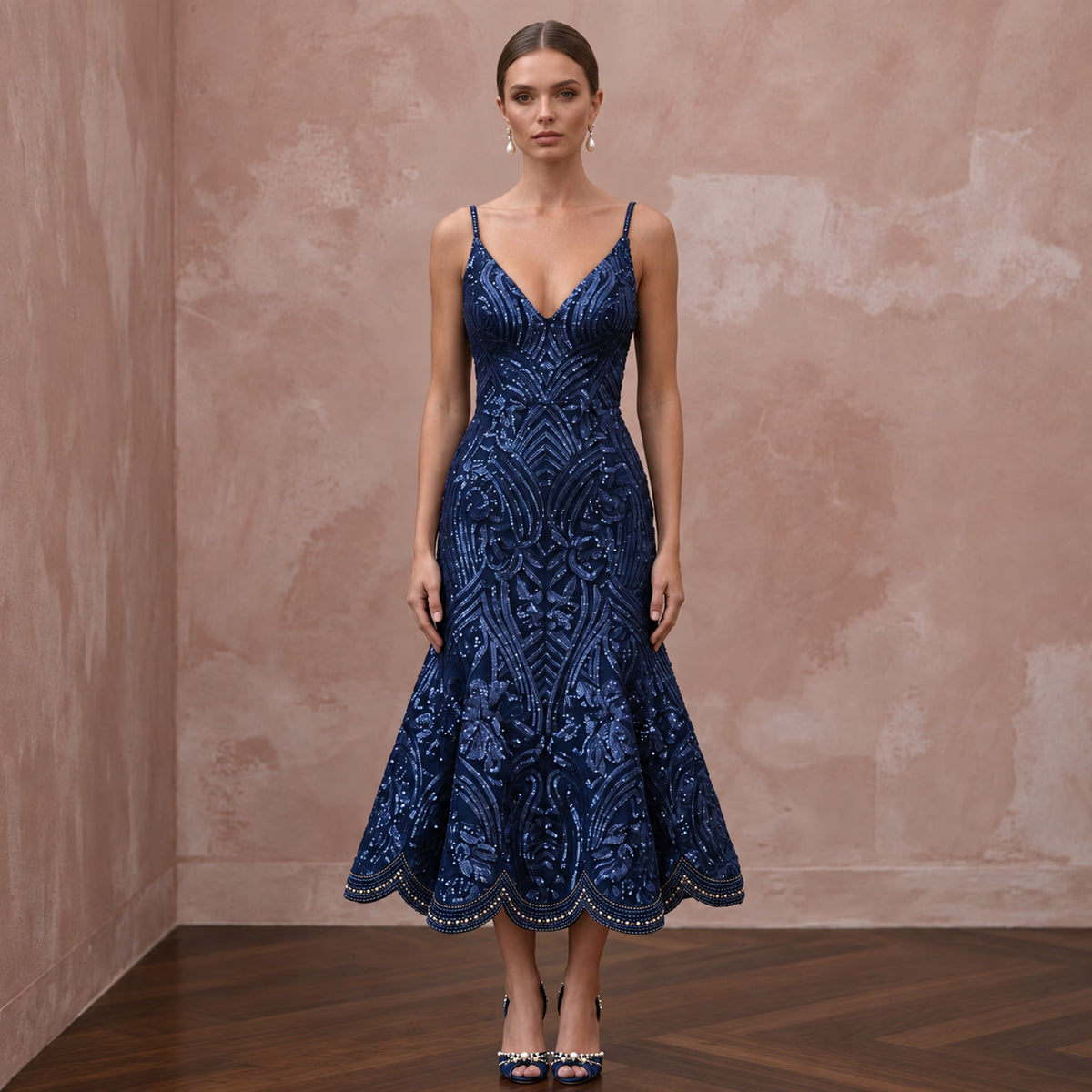 Navy Blue Sequined V-Neck Fit-and-Flare Cocktail Dress Main image