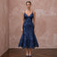Navy Blue Sequined V-Neck Fit-and-Flare Cocktail Dress