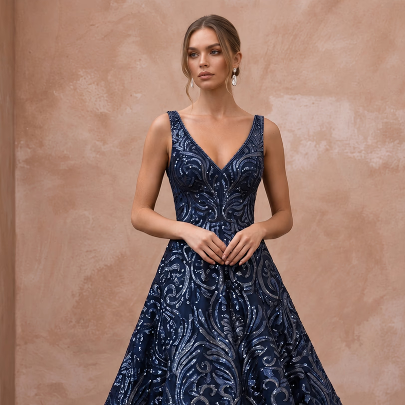 Navy Blue Sequined V-Neck Fit-and-Flare Cocktail Dress