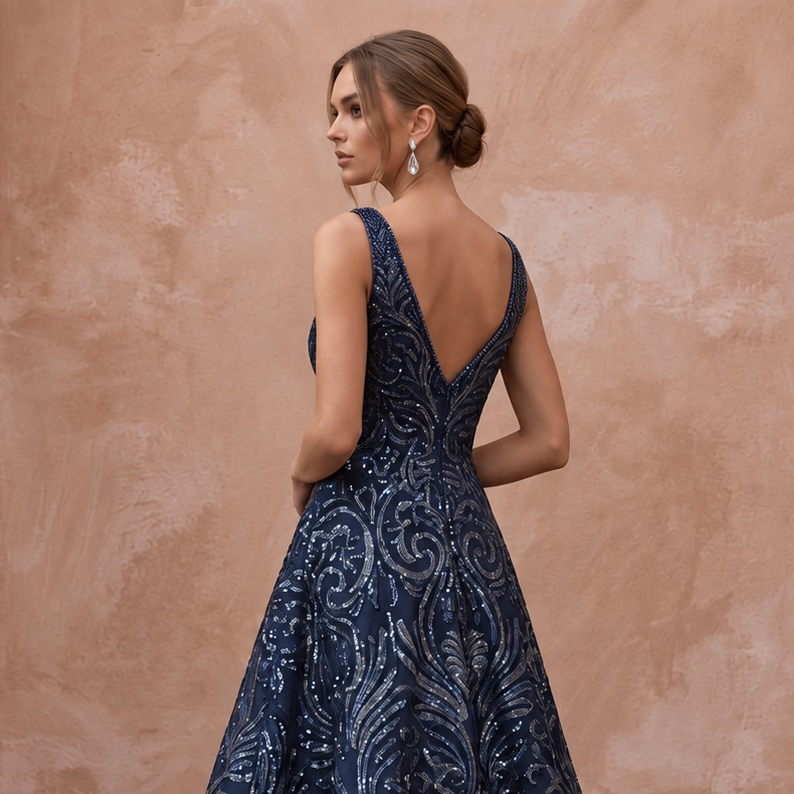 Navy Blue Sequined V-Neck Fit-and-Flare Cocktail Dress
