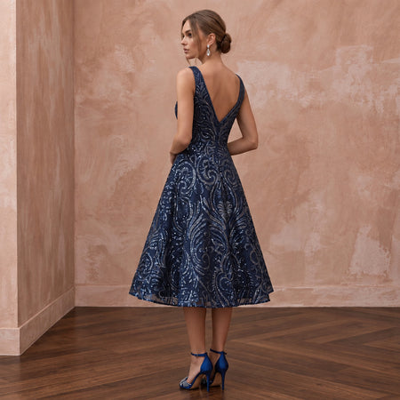 Navy Blue Sequined V-Neck Fit-and-Flare Cocktail Dress
