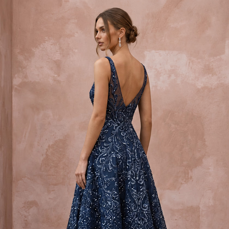 Navy Blue Sequined V-Neck Fit-and-Flare Cocktail Dress