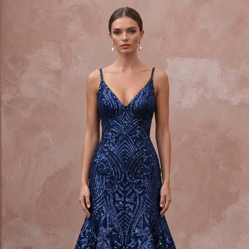 Navy Blue Sequined V-Neck Fit-and-Flare Cocktail Dress