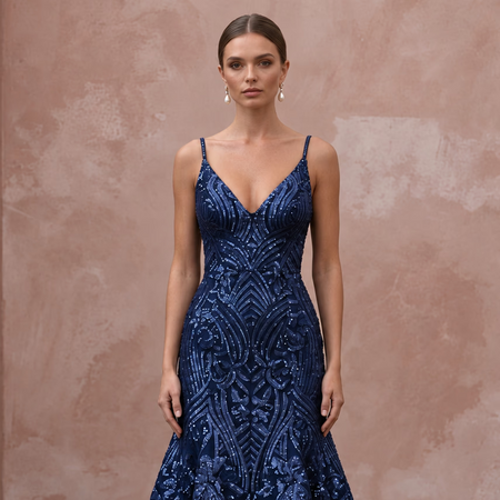 Navy Blue Sequined V-Neck Fit-and-Flare Cocktail Dress