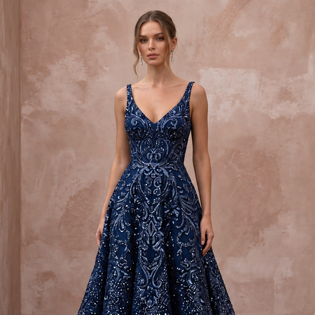 Navy Blue Sequined V-Neck Fit-and-Flare Cocktail Dress