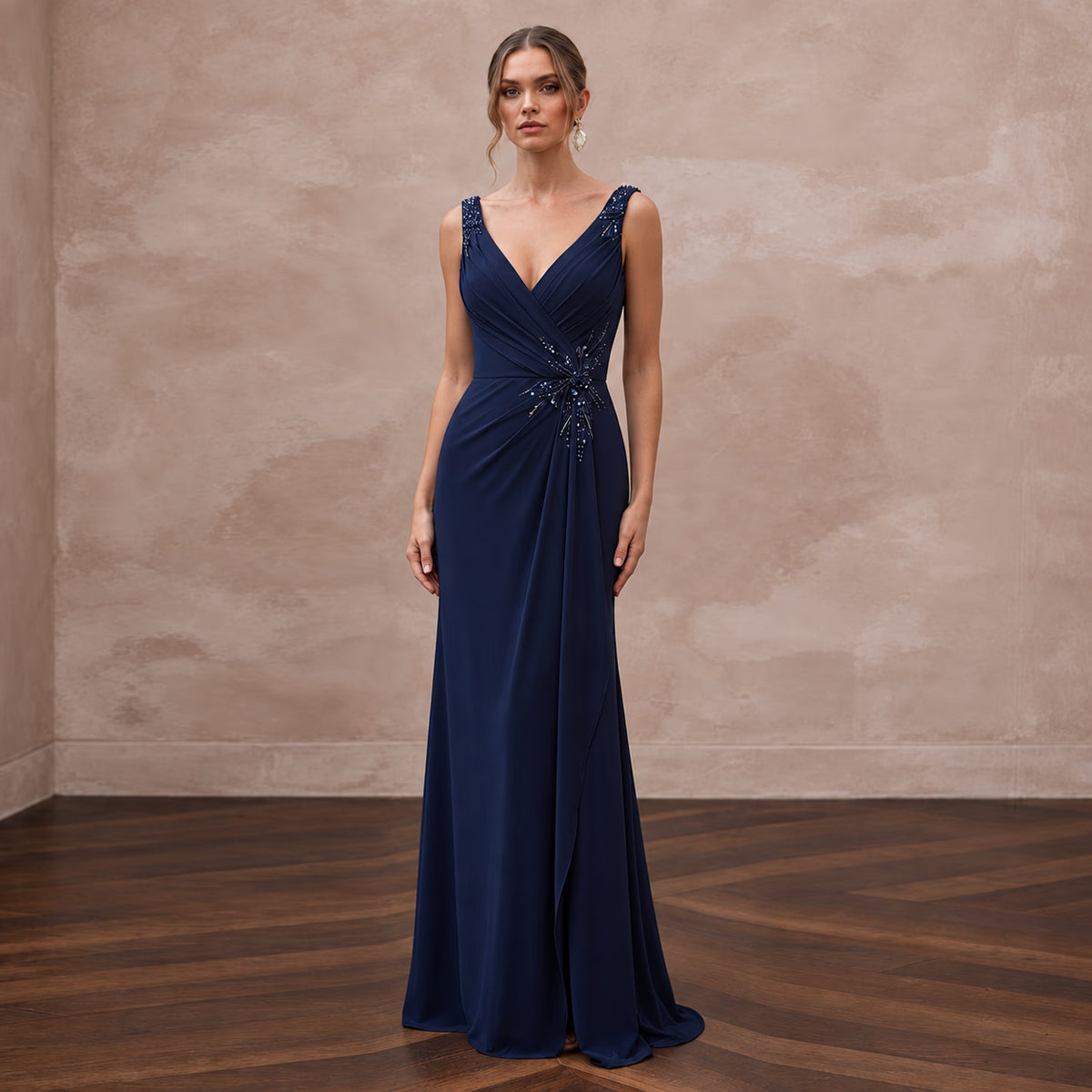 Navy Blue Stretch Jersey Draped Wrap Evening Dress for Wedding Guest