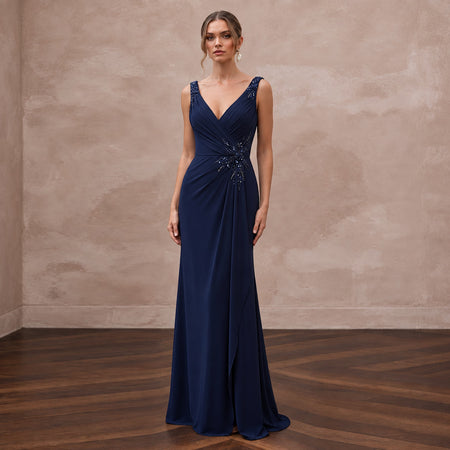 Navy Blue Stretch Jersey Draped Wrap Evening Dress for Wedding Guest