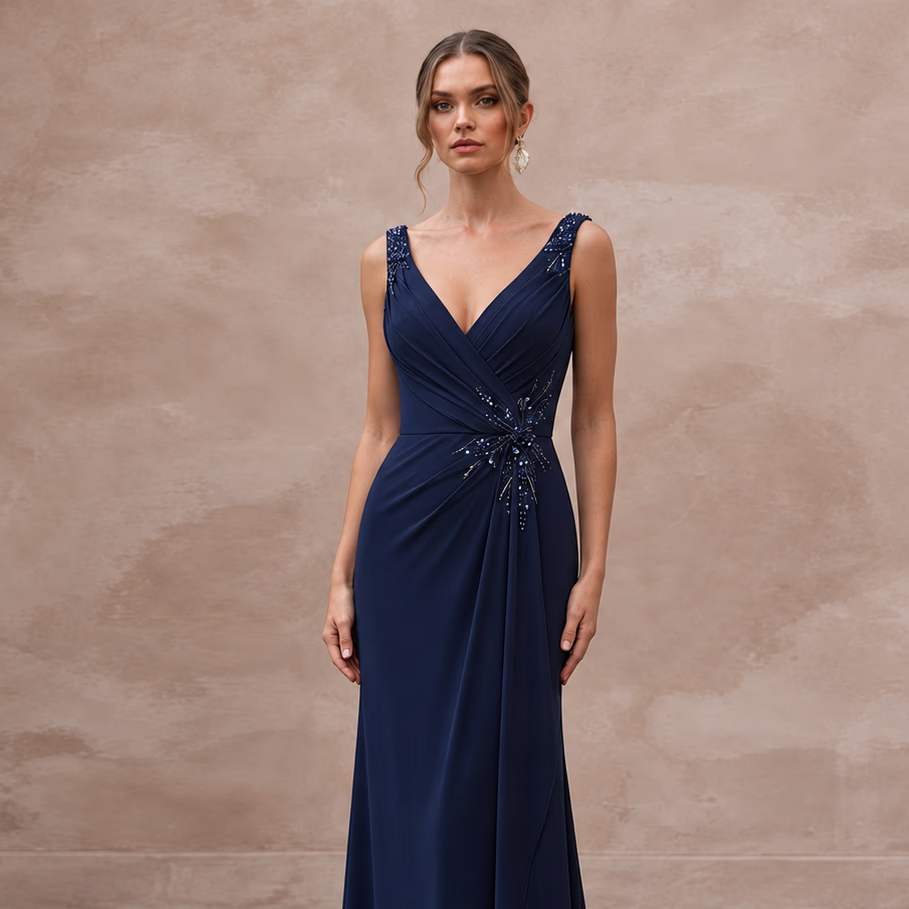 Navy Blue Stretch Jersey Draped Wrap Evening Dress for Wedding Guest