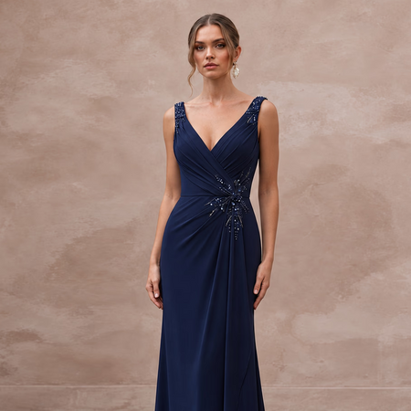 Navy Blue Stretch Jersey Draped Wrap Evening Dress for Wedding Guest