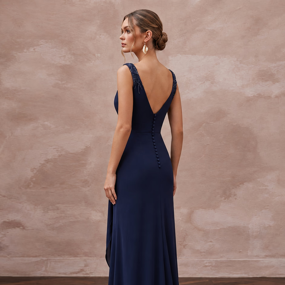 Navy Blue Stretch Jersey Draped Wrap Evening Dress for Wedding Guest