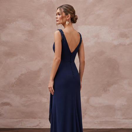Navy Blue Stretch Jersey Draped Wrap Evening Dress for Wedding Guest