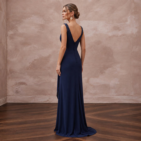 Navy Blue Stretch Jersey Draped Wrap Evening Dress for Wedding Guest
