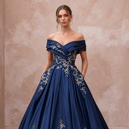 Navy Blue Taffeta Ball Gown with Pockets for Formal Banquet - Apparel & Accessories > Clothing > Wedding & Bridal Party Dresses > Wedding Dresses - Mignonette Bridal