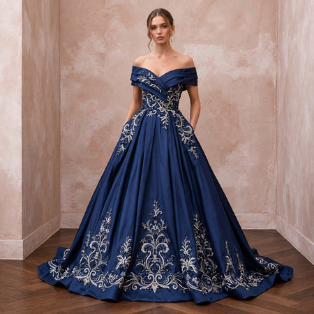 Navy Blue Taffeta Ball Gown with Pockets for Formal Banquet - Apparel & Accessories > Clothing > Wedding & Bridal Party Dresses > Wedding Dresses - Mignonette Bridal