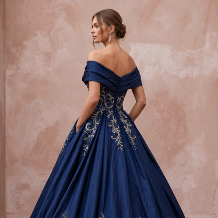 Navy Blue Taffeta Ball Gown with Pockets for Formal Banquet - Apparel & Accessories > Clothing > Wedding & Bridal Party Dresses > Wedding Dresses - Mignonette Bridal