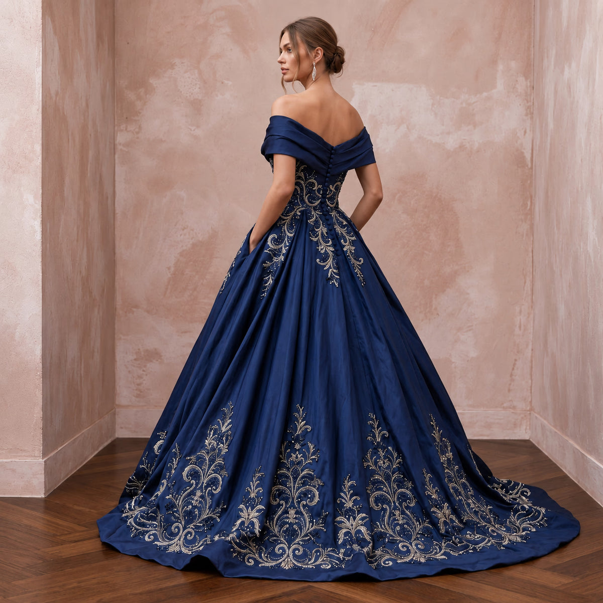 Navy Blue Taffeta Ball Gown with Pockets for Formal Banquet - Apparel & Accessories > Clothing > Wedding & Bridal Party Dresses > Wedding Dresses - Mignonette Bridal