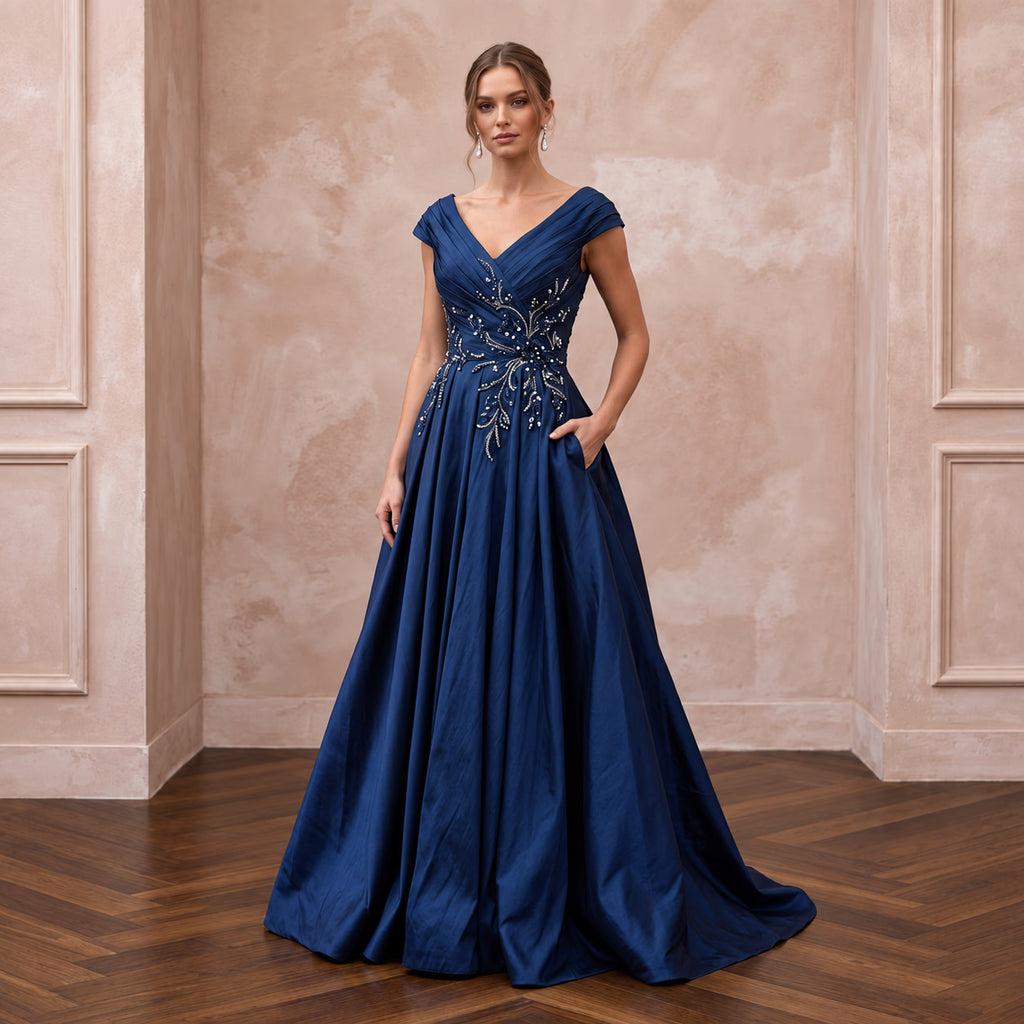 Navy Blue Taffeta Ball Gown with Pockets for Mother of the Bride