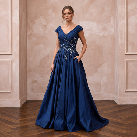 Navy Blue Taffeta Ball Gown with Pockets for Mother of the Bride
