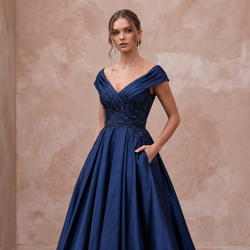 Navy Blue Taffeta Ball Gown with Pockets for Mother of the Bride - Apparel & Accessories > Clothing > Wedding & Bridal Party Dresses > Wedding Dresses - Mignonette Bridal