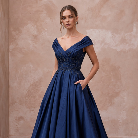 Navy Blue Taffeta Ball Gown with Pockets for Mother of the Bride - Apparel & Accessories > Clothing > Wedding & Bridal Party Dresses > Wedding Dresses - Mignonette Bridal