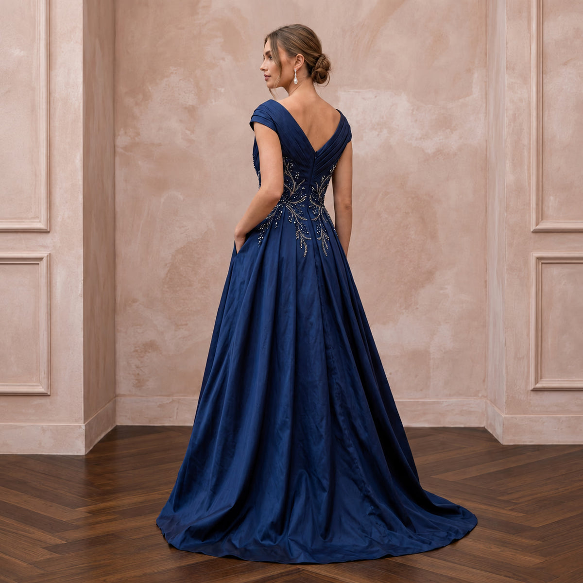 Navy Blue Taffeta Ball Gown with Pockets for Mother of the Bride