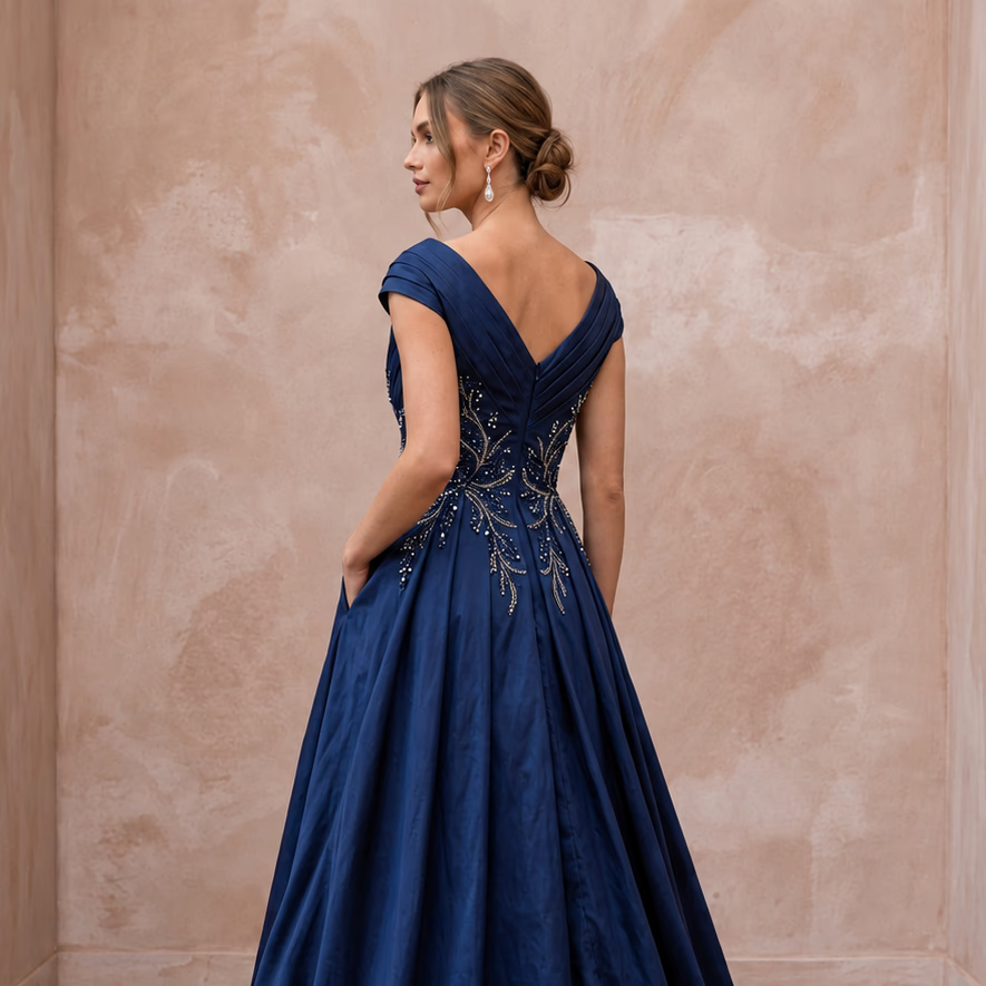 Navy Blue Taffeta Ball Gown with Pockets for Mother of the Bride