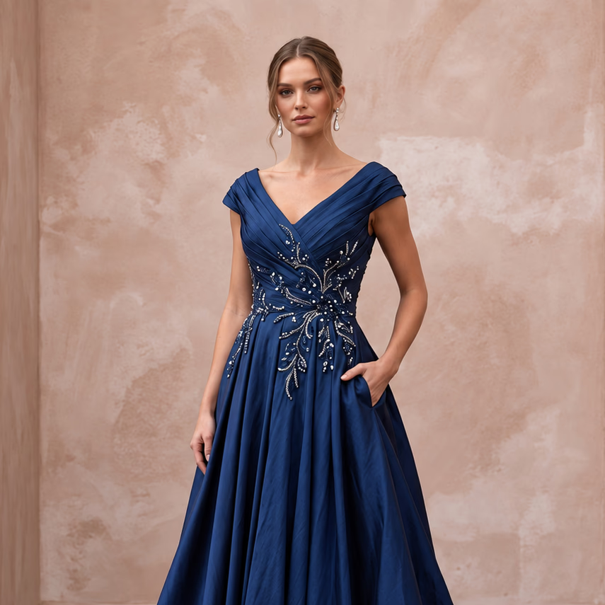 Navy Blue Taffeta Ball Gown with Pockets for Mother of the Bride