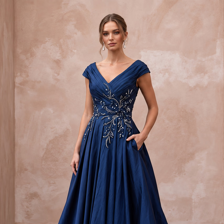 Navy Blue Taffeta Ball Gown with Pockets for Mother of the Bride