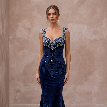 Navy Blue Velvet Sweetheart Neckline Mermaid Dress