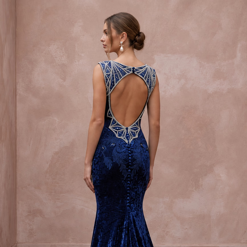 Navy Blue Velvet Sweetheart Neckline Mermaid Dress