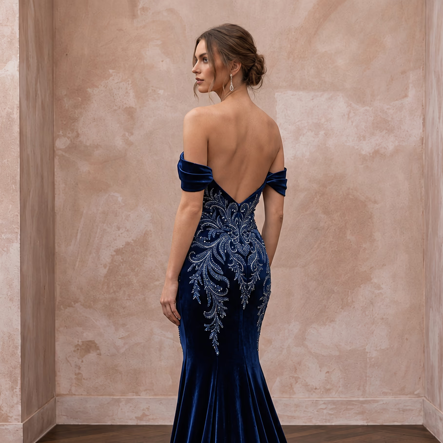 Navy Blue Velvet Sweetheart Neckline Mermaid Dress