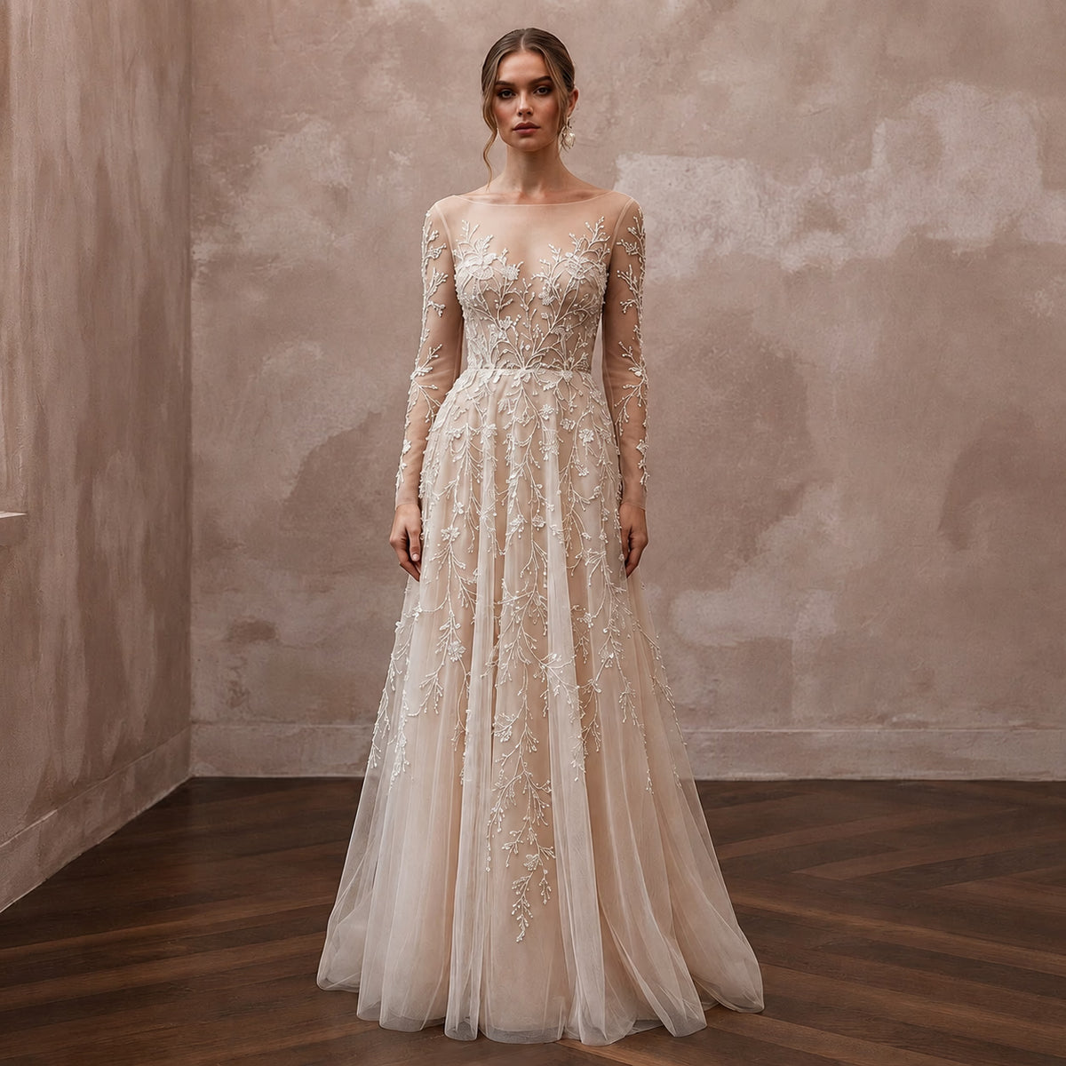 Nude Illusion Wedding Dresses with Delicate Embroidery - Apparel & Accessories > Clothing > Wedding & Bridal Party Dresses > Wedding Dresses - Mignonette Main image