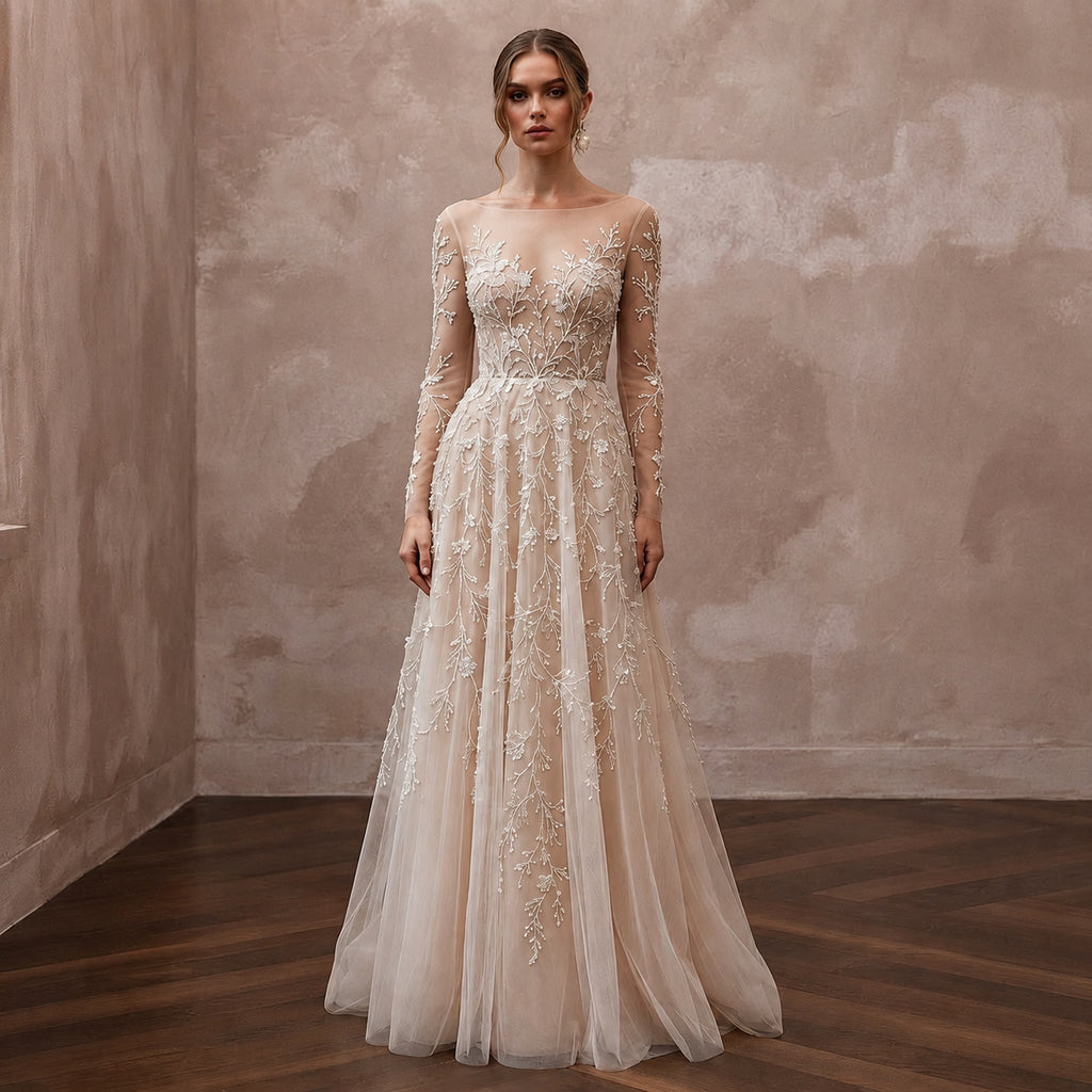 Nude Illusion Wedding Dresses with Delicate Embroidery - Apparel & Accessories > Clothing > Wedding & Bridal Party Dresses > Wedding Dresses - Mignonette