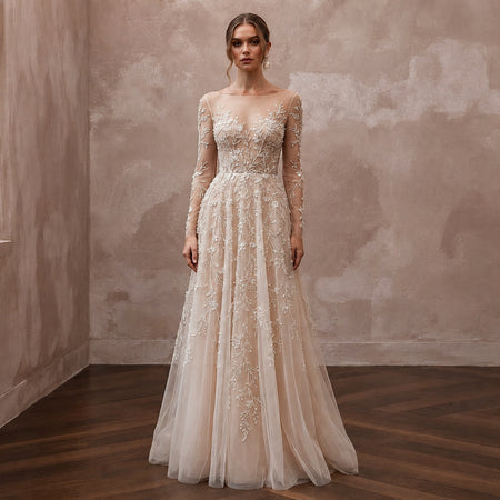 Nude Illusion Wedding Dresses with Delicate Embroidery - Apparel & Accessories > Clothing > Wedding & Bridal Party Dresses > Wedding Dresses - Mignonette