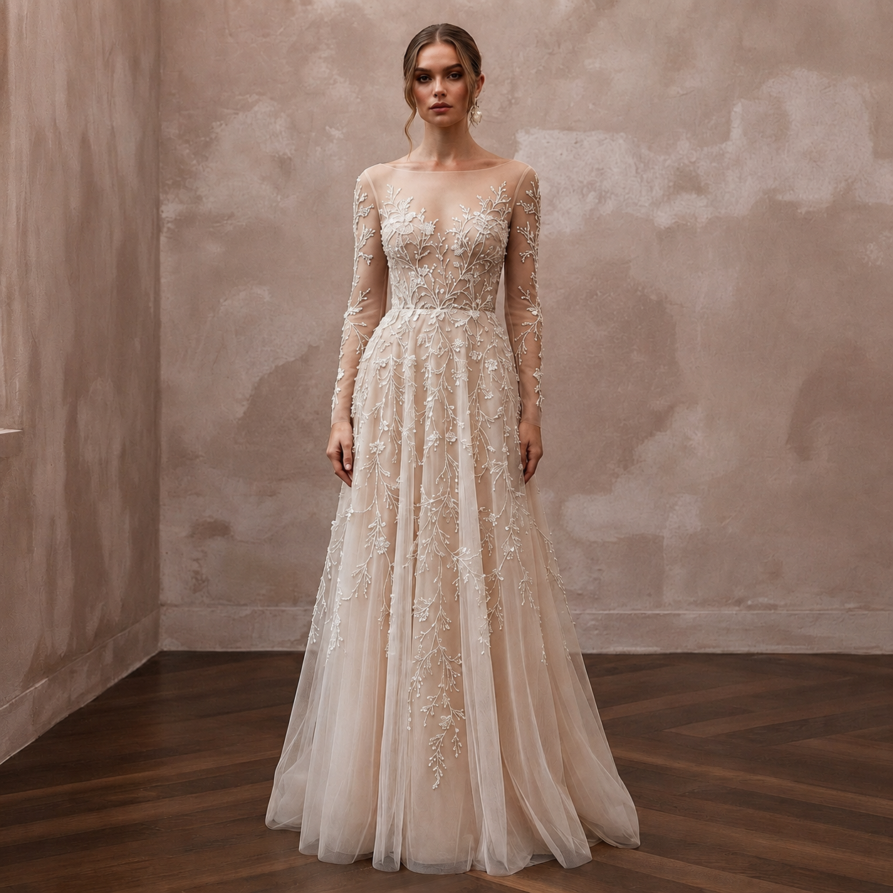 Nude Illusion Wedding Dresses with Delicate Embroidery Main image