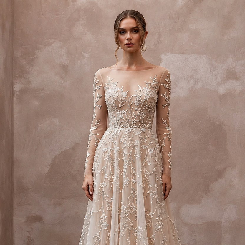 Nude Illusion Wedding Dresses with Delicate Embroidery - Apparel & Accessories > Clothing > Wedding & Bridal Party Dresses > Wedding Dresses - Mignonette
