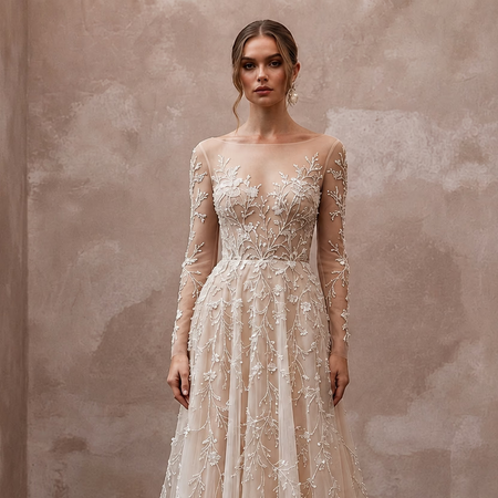 Nude Illusion Wedding Dresses with Delicate Embroidery - Apparel & Accessories > Clothing > Wedding & Bridal Party Dresses > Wedding Dresses - Mignonette