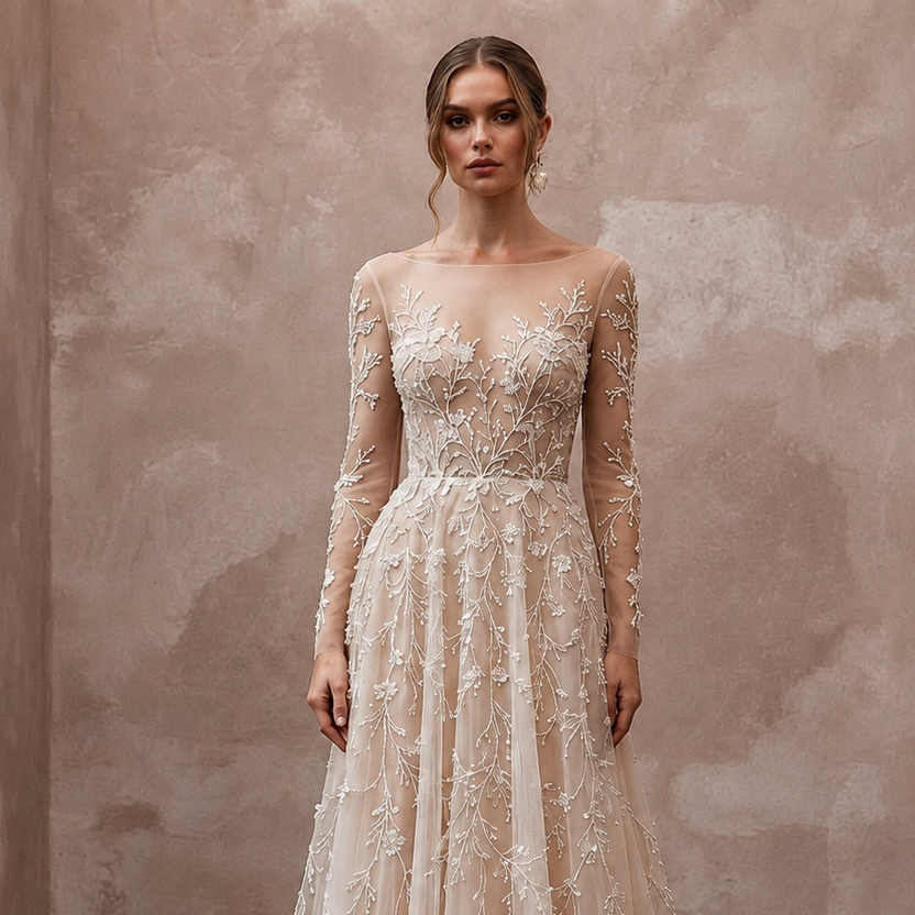 Nude Illusion Wedding Dresses with Delicate Embroidery