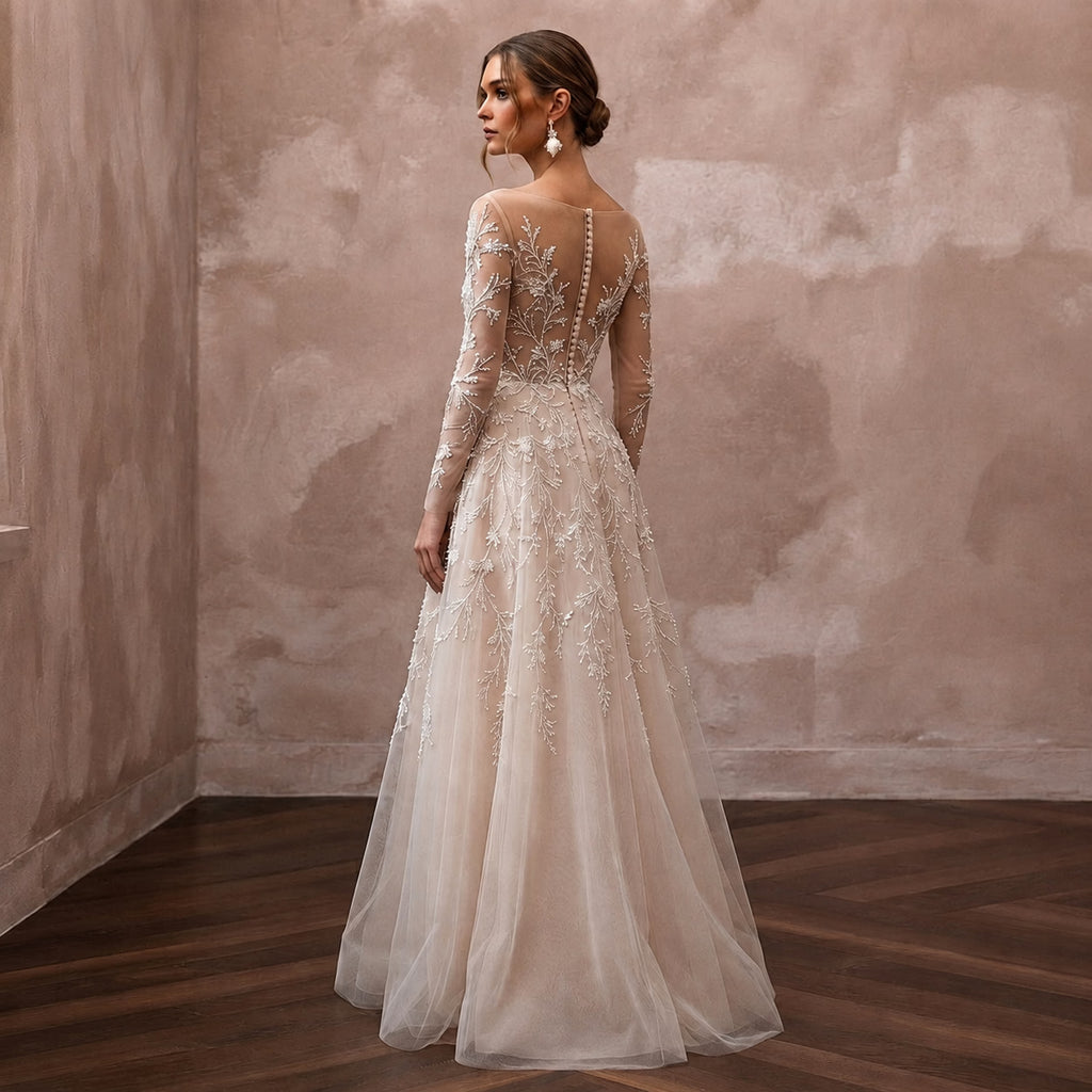 Nude Illusion Wedding Dresses with Delicate Embroidery - Apparel & Accessories > Clothing > Wedding & Bridal Party Dresses > Wedding Dresses - Mignonette